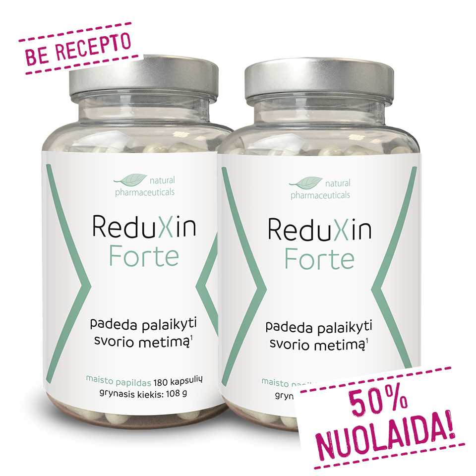Natural Pharmaceuticals ReduXin Forte Dvi stiklainės maisto papildo „ReduXin Forte“ gamintojo „Natural Pharmaceuticals“, kiekvienoje po 180 kapsulių (108 g). Grafikoje taip pat yra šie užrašai: „BE RECEPTO“ ir „50 % NUOLAIDA!“.
