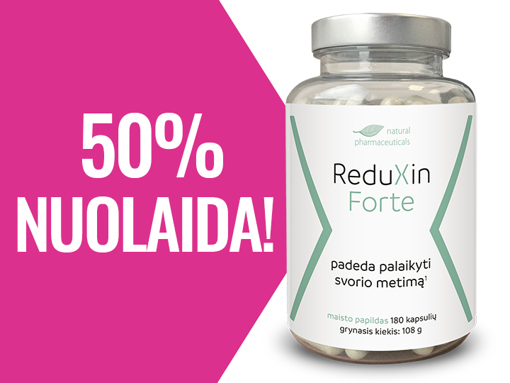 Natural Pharmaceuticals ReduXin Forte Dvi stiklainės maisto papildo „ReduXin Forte“ gamintojo „Natural Pharmaceuticals“, kiekvienoje po 180 kapsulių (108 g). Grafikoje taip pat yra šie užrašai: „BE RECEPTO“ ir „50 % NUOLAIDA!“.