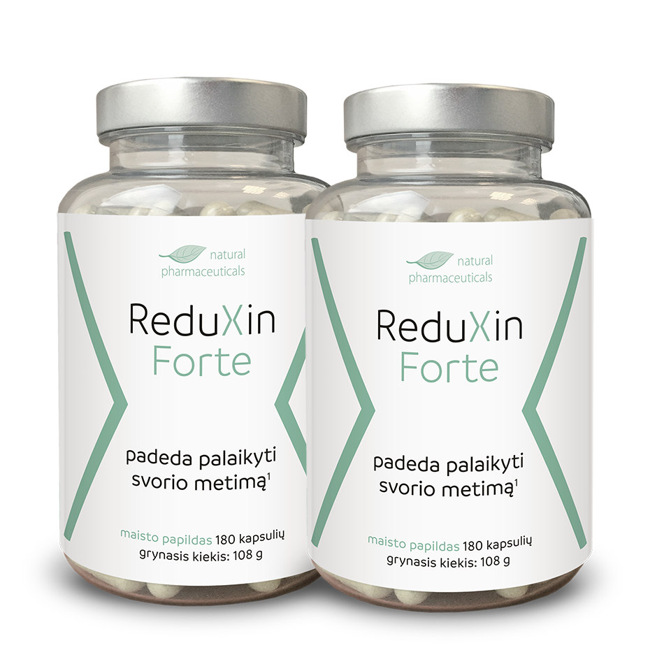 Natural Pharmaceuticals ReduXin Forte Dvi stiklainės maisto papildo „ReduXin Forte“ gamintojo „Natural Pharmaceuticals“. Kiekvienoje stiklainėje yra 180 kapsulių, kurių bendras svoris yra 108 g.