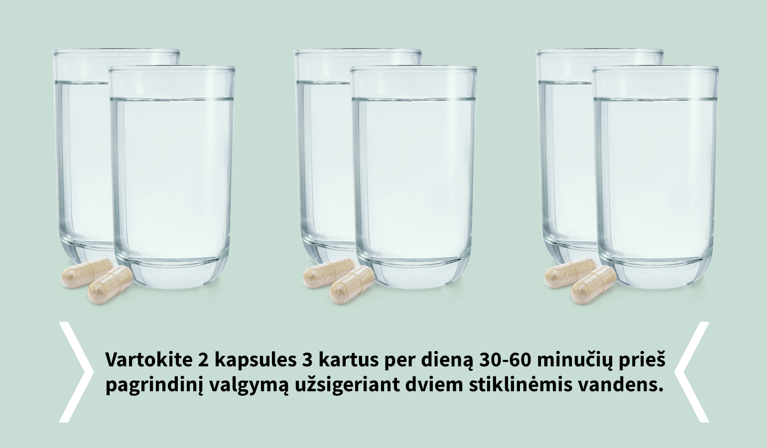 Natural Pharmaceuticals ReduXin Forte Keturi stiklinės vandens, išdėstytos poromis, šalia kiekvienos iš jų – po dvi maisto papildų kapsules. Po jomis yra instrukcijos: Vartokite po 2 kapsules 3 kartus per dieną, 30–60 minučių prieš pagrindinį valgį, užgerdami dviem stiklinėmis vandens.